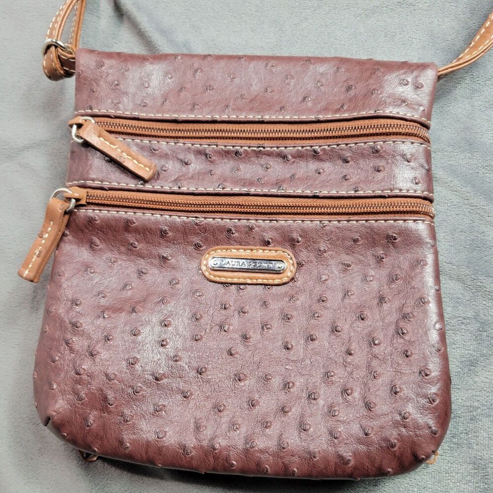 Laura Scott Faux Ostrich Crossbody Bag With Adjustable Strap & Zipper Pockets‎